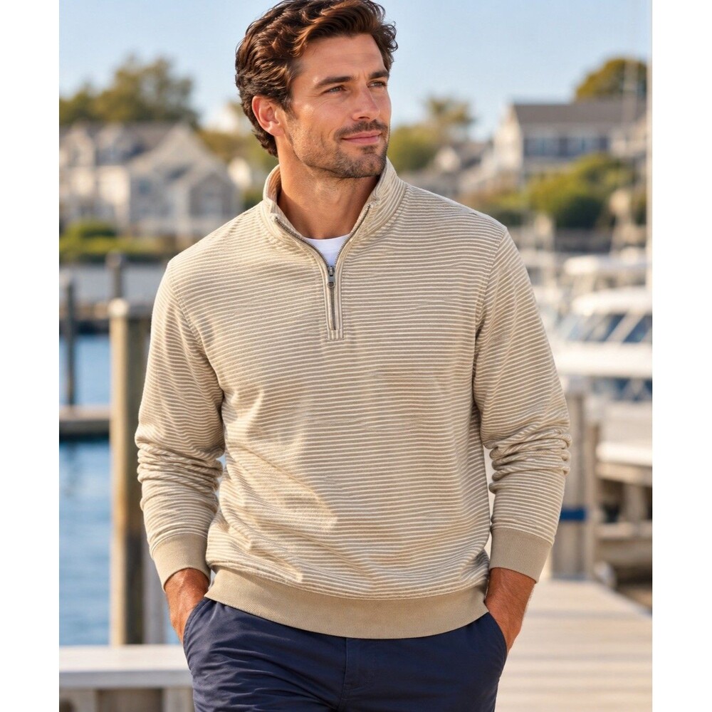 IZOD Mens M Quarter Zip Pullover Tan Cream Striped Cotton Preppy Golf Coastal
